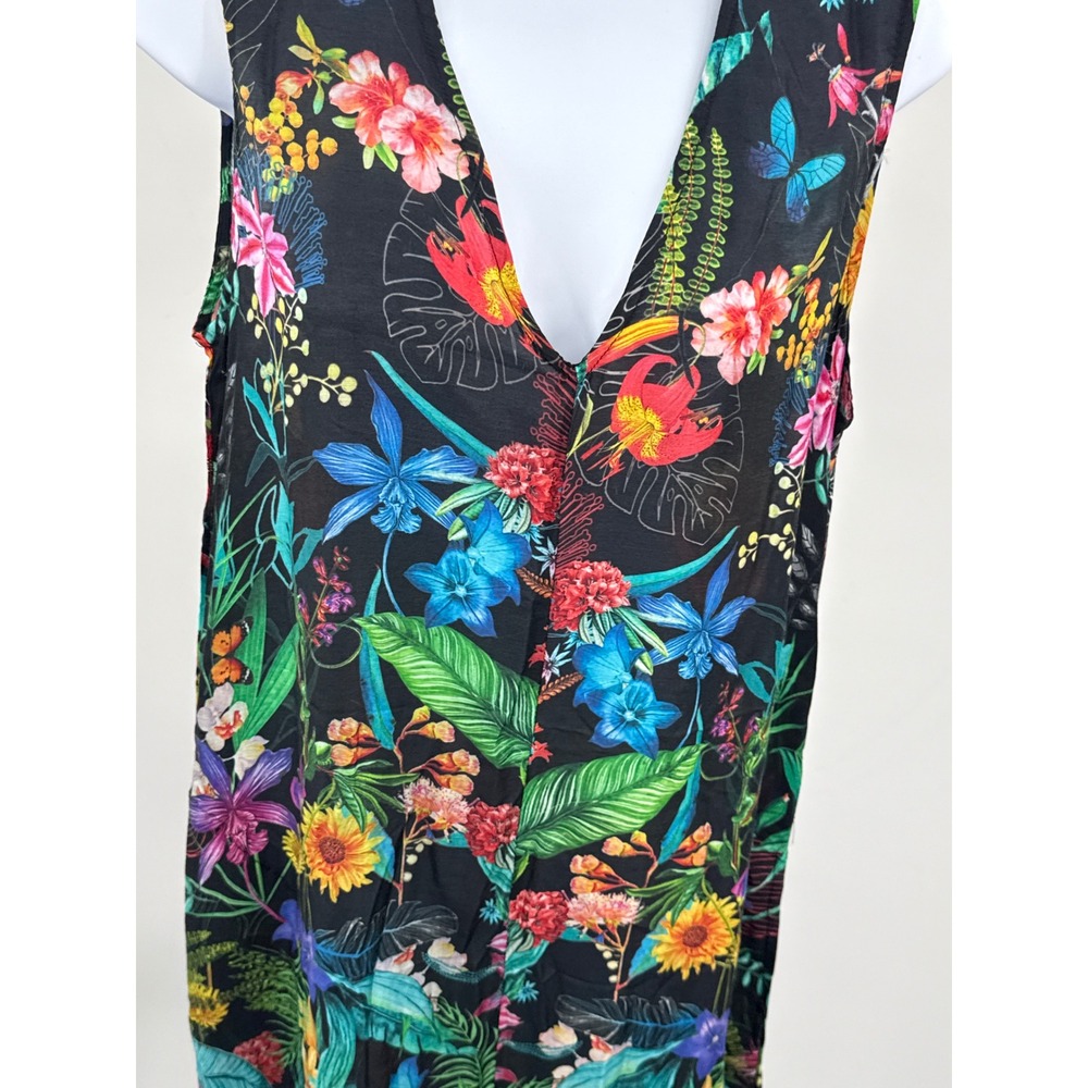 Womens Tropical Floral Wide Leg Jumpsuit Black V-Neck Sleeveless Medium